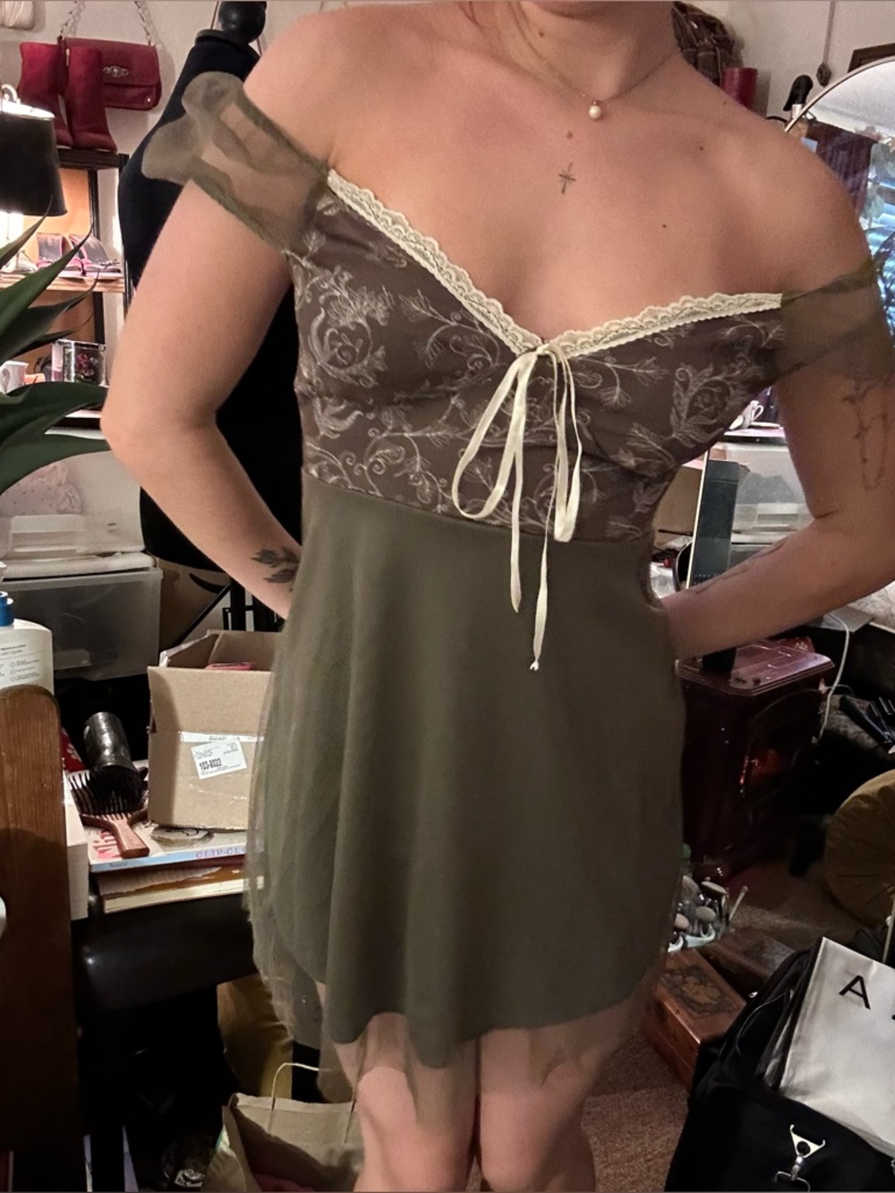 Olive Green Lacy Mini Dress